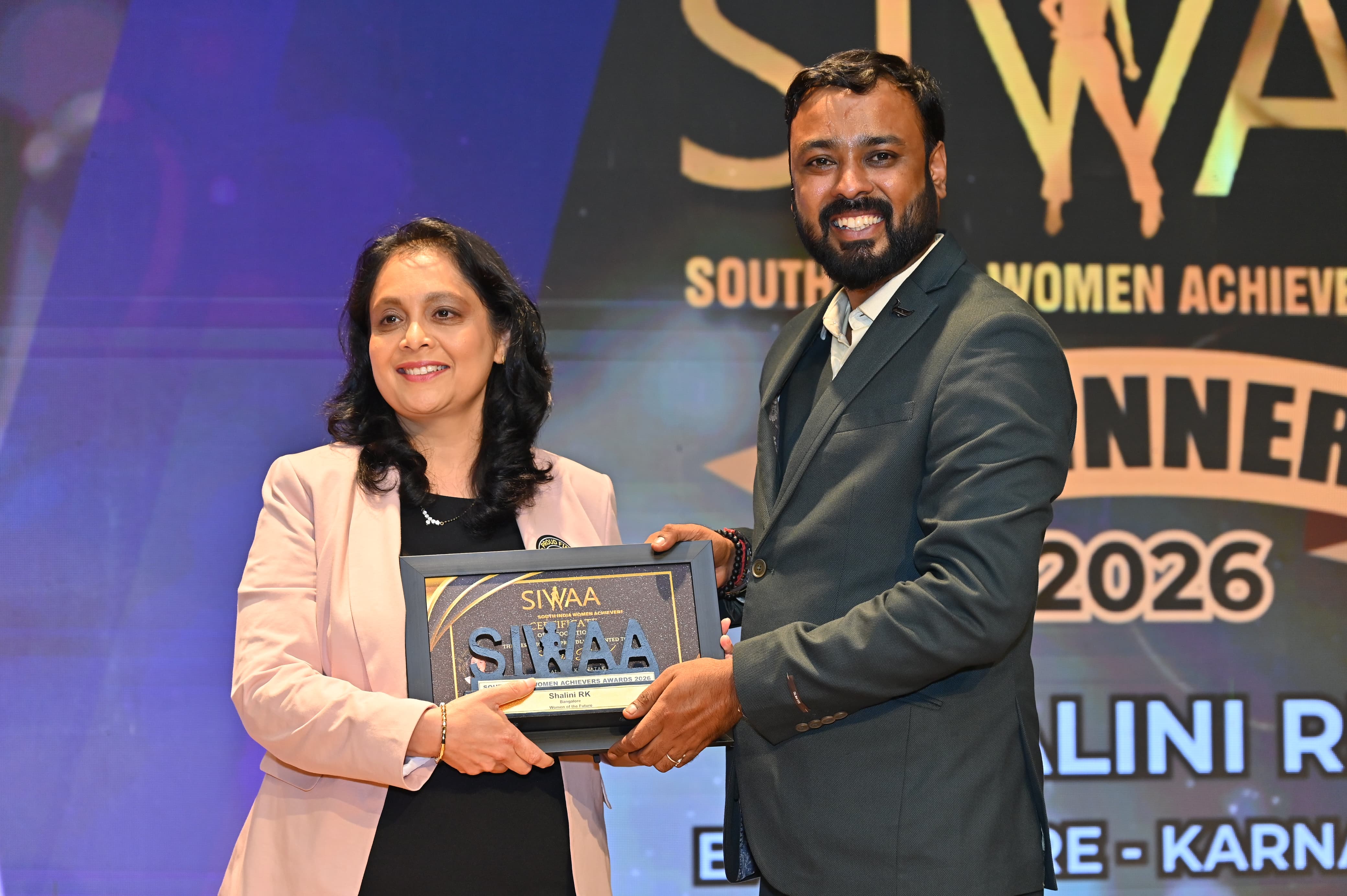 Shalini Ratan Kumar receiving recognition at the South India Women Achievers Awards 2026